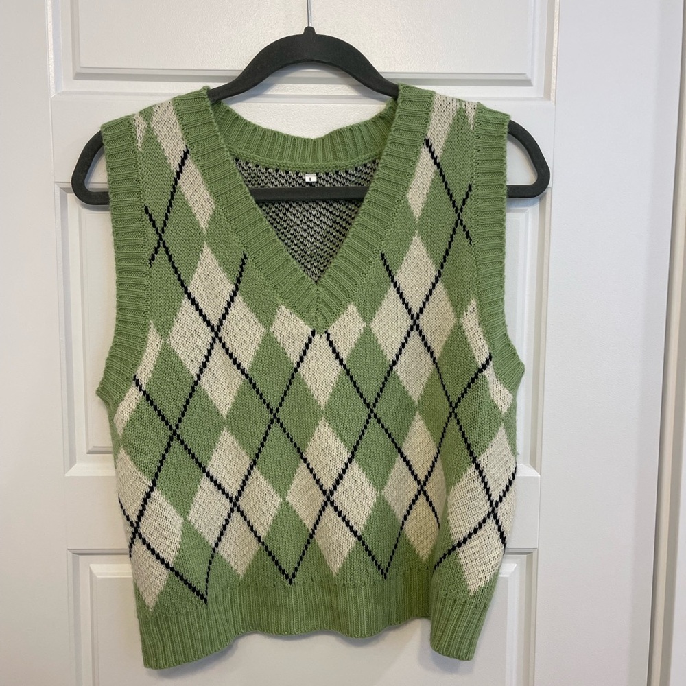 Green Argyle Knit Sweater Vest